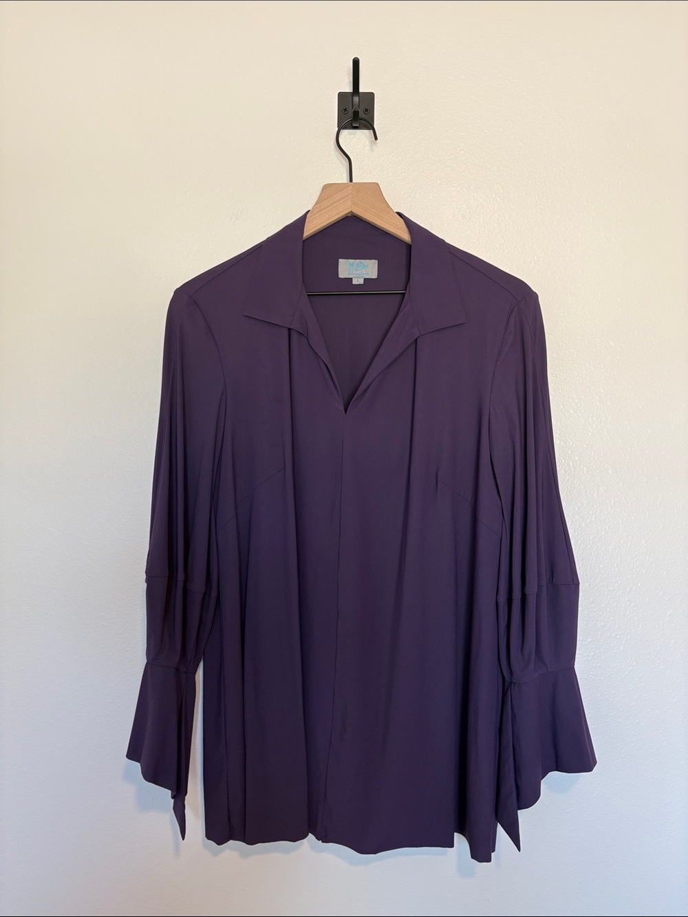 Maria Pinto Stretch Crepe Flowy V-Neck Long Sleeve Relaxed Blouse Purple Large - Picture 2 of 8
